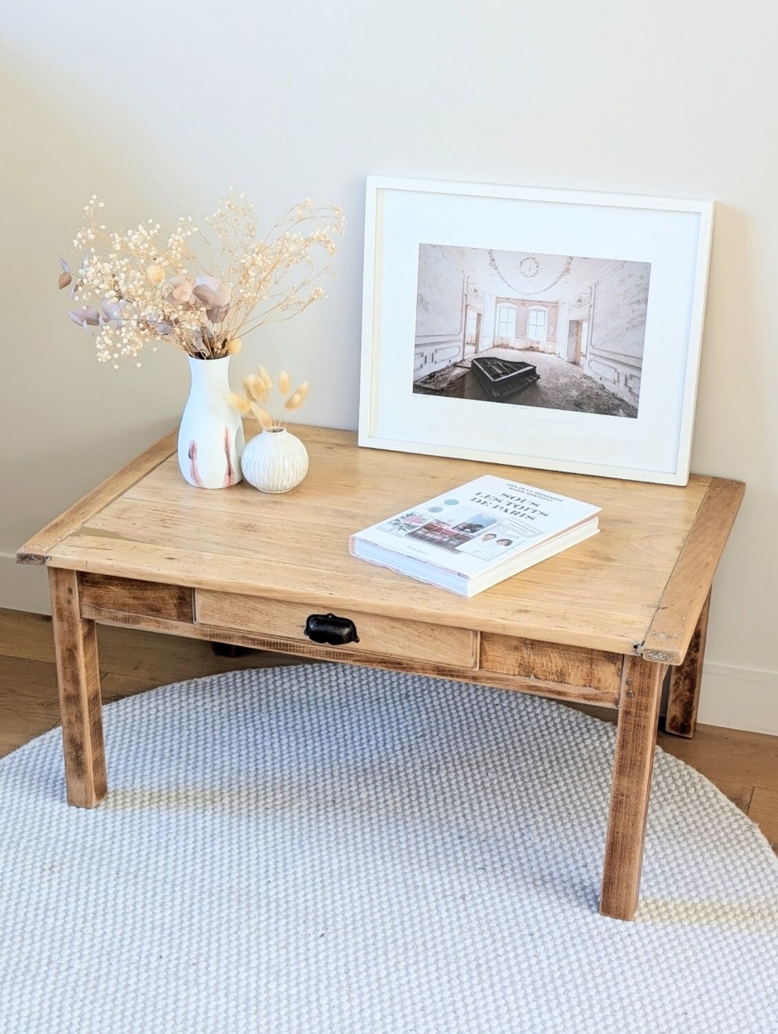Antique solid wood coffee table with drawer.