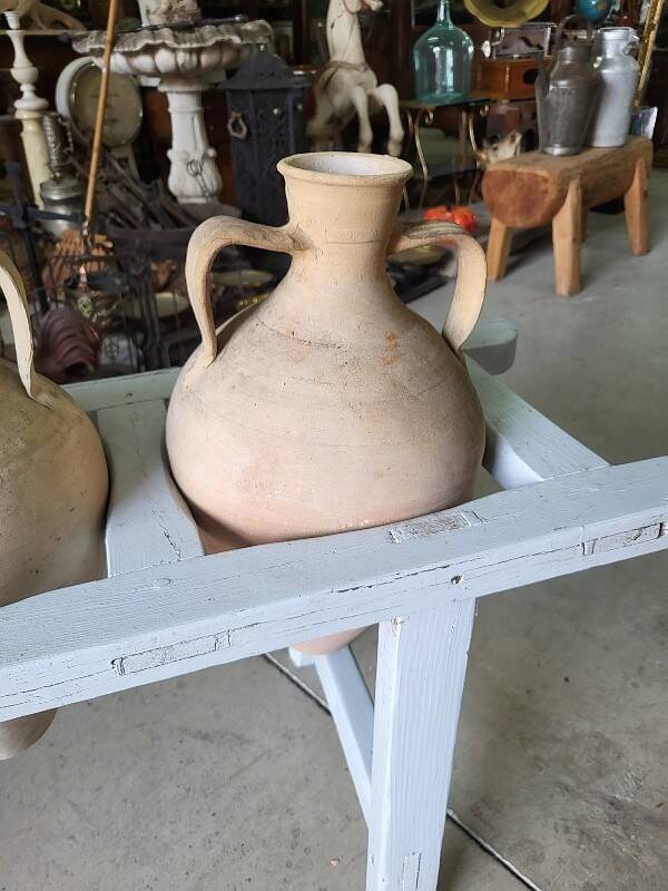 Antique painted wooden jar holder with 4 earthenware jars