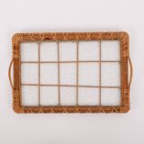 Plateau de service vintage italien en osier et verre, Italie années 1970