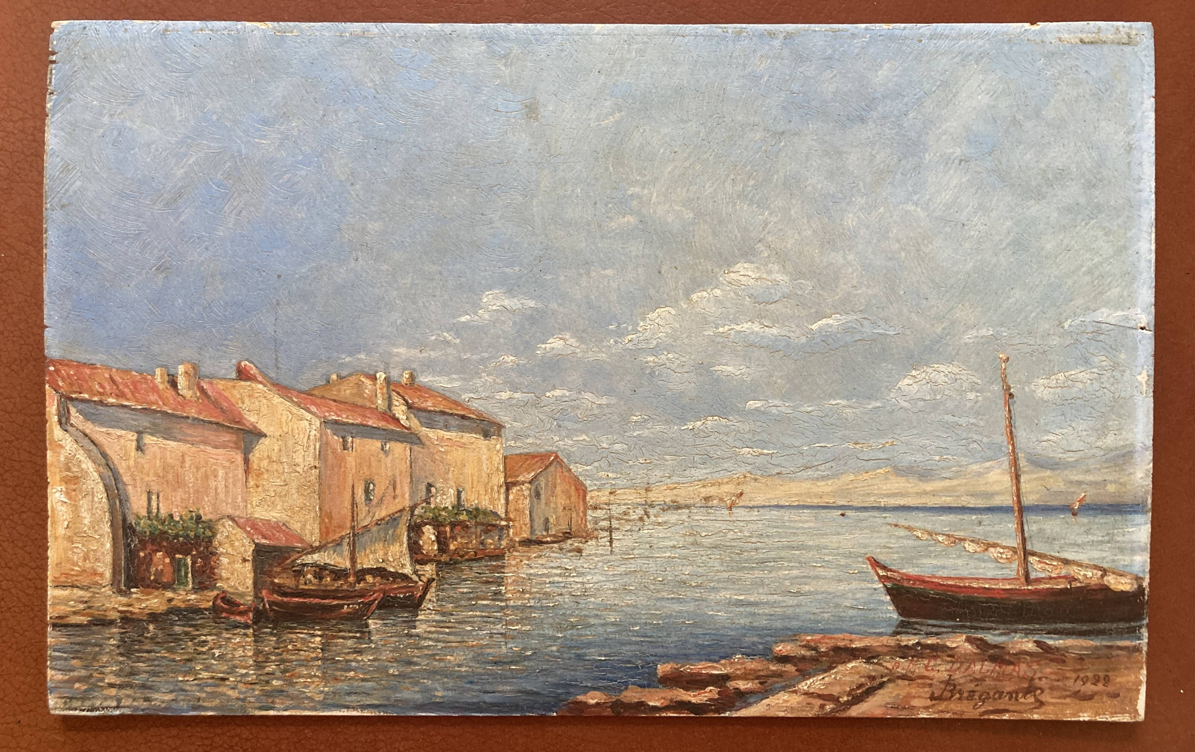Small old painting - Fishing port by the pond