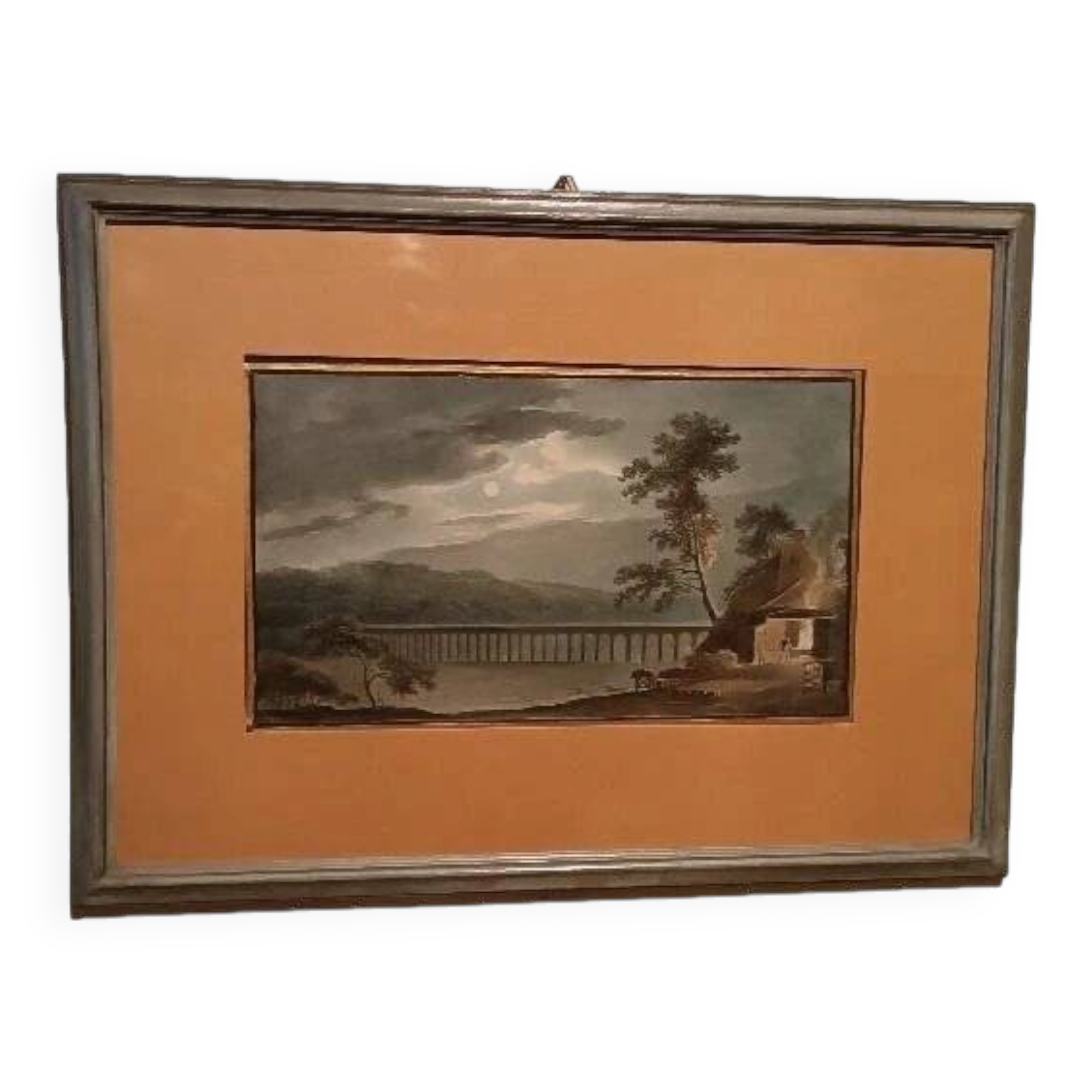 Old watercolour on paper from the early 19th century - nocturnal landscape with aqueduct and bridge