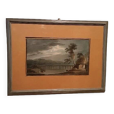 Old watercolour on paper from the early 19th century - nocturnal landscape with aqueduct and bridge