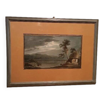 Old watercolour on paper from the early 19th century - nocturnal landscape with aqueduct and bridge