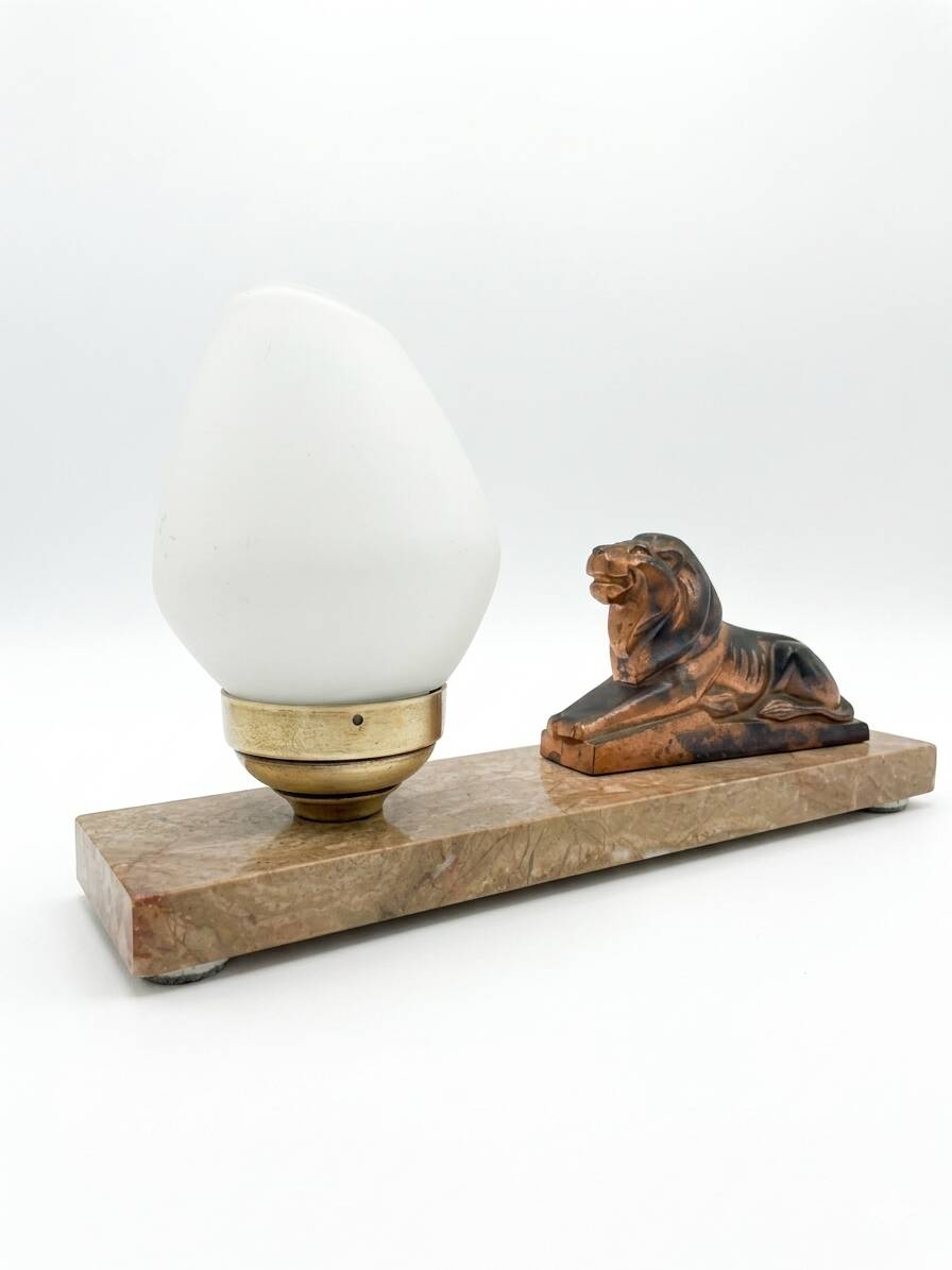 Art Deco lamp with marble, opaline globe & lion sculpture in spelter