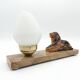 Art Deco lamp with marble, opaline globe & lion sculpture in spelter