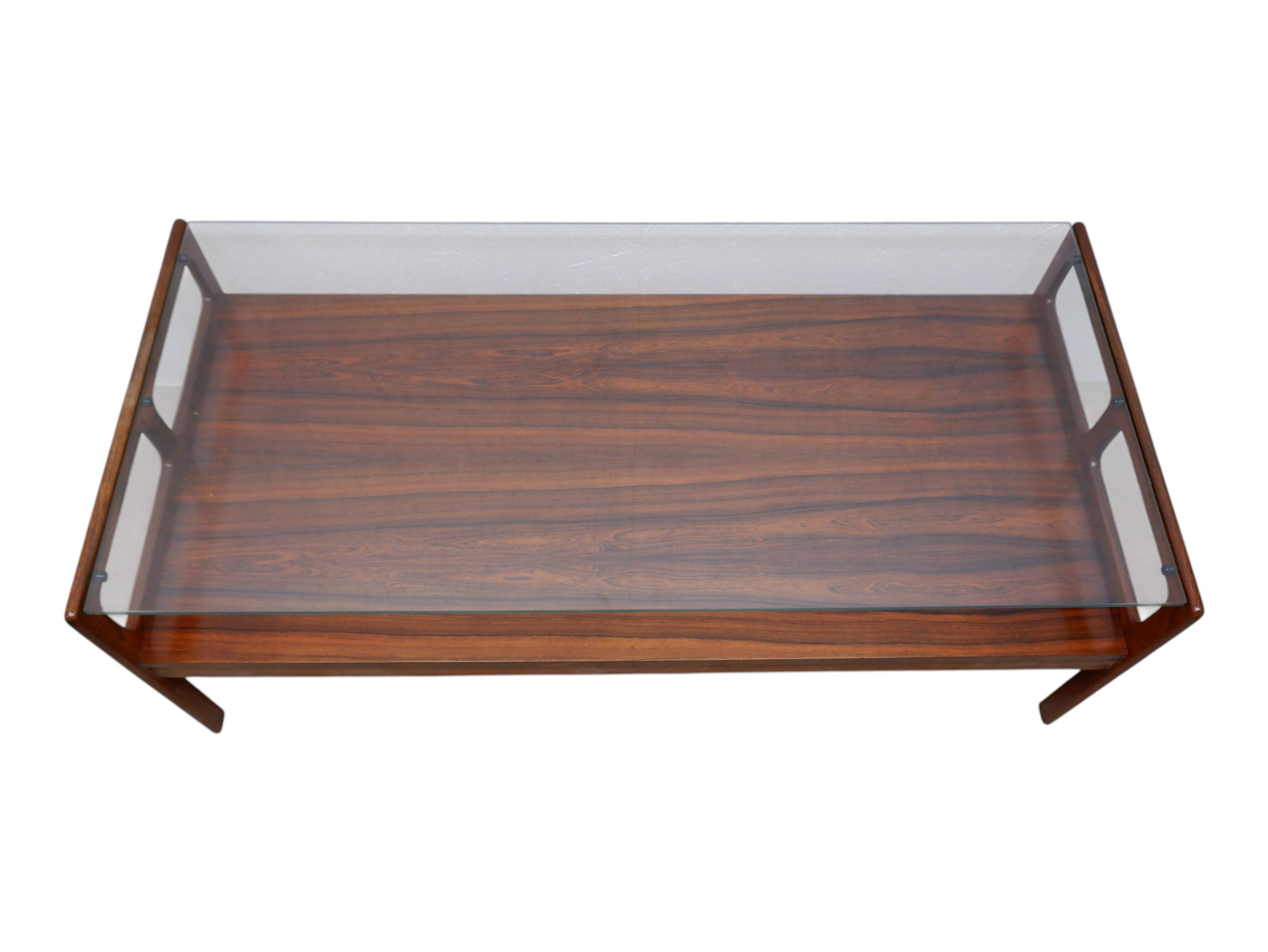 Rosewood coffee table with glass top, 1970s