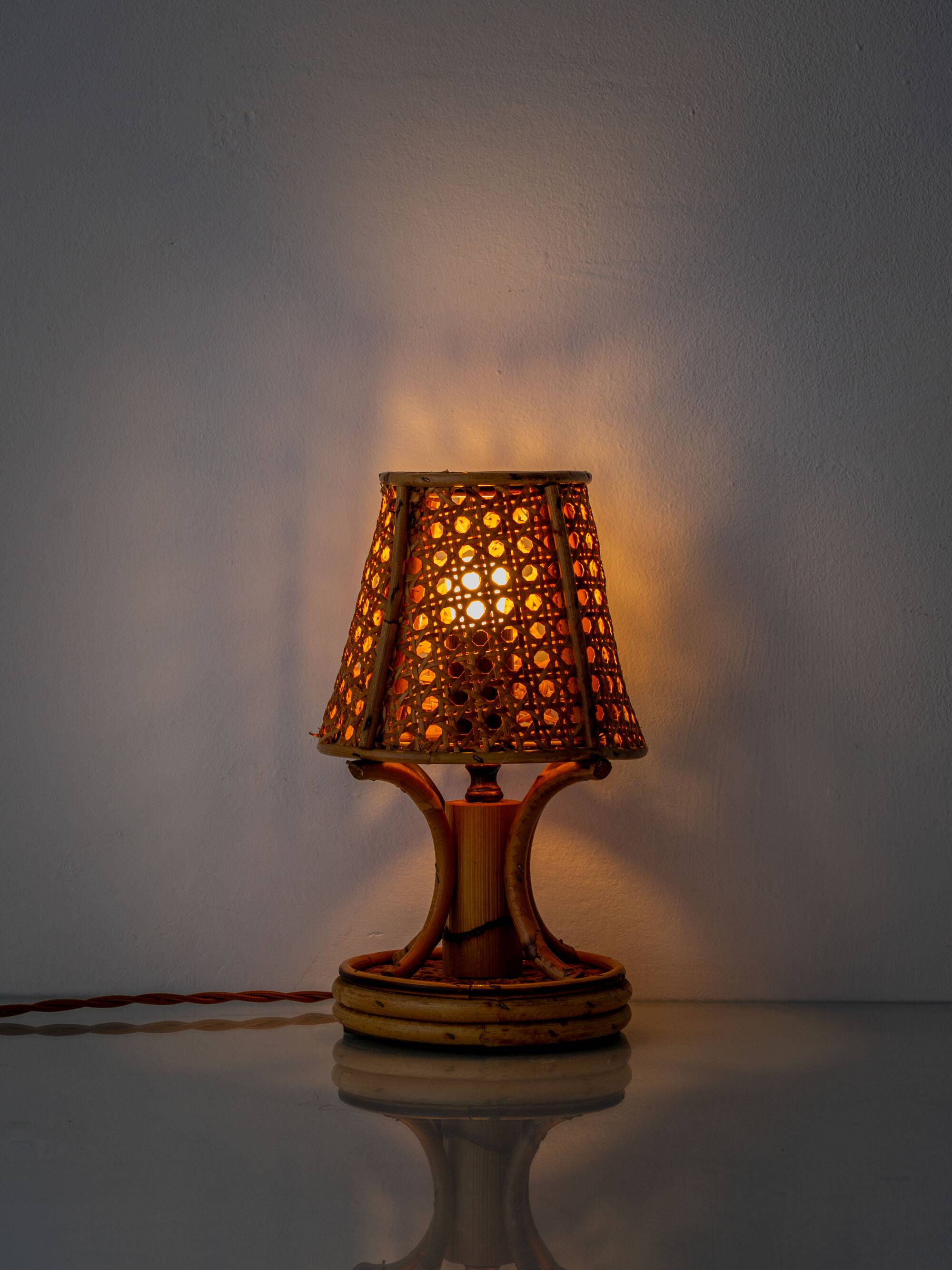 French Riviera Bamboo Rattan Table Lamps, Pair, Vienna Straw Shades, 1960s