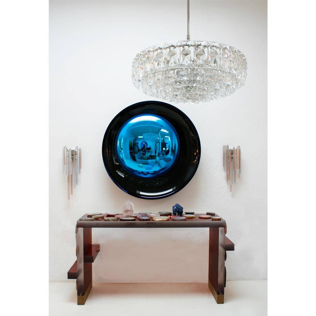 Modern Sculptural Concave Black and Blue Handmade Glass French Mirror