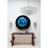 Modern Sculptural Concave Black and Blue Handmade Glass French Mirror
