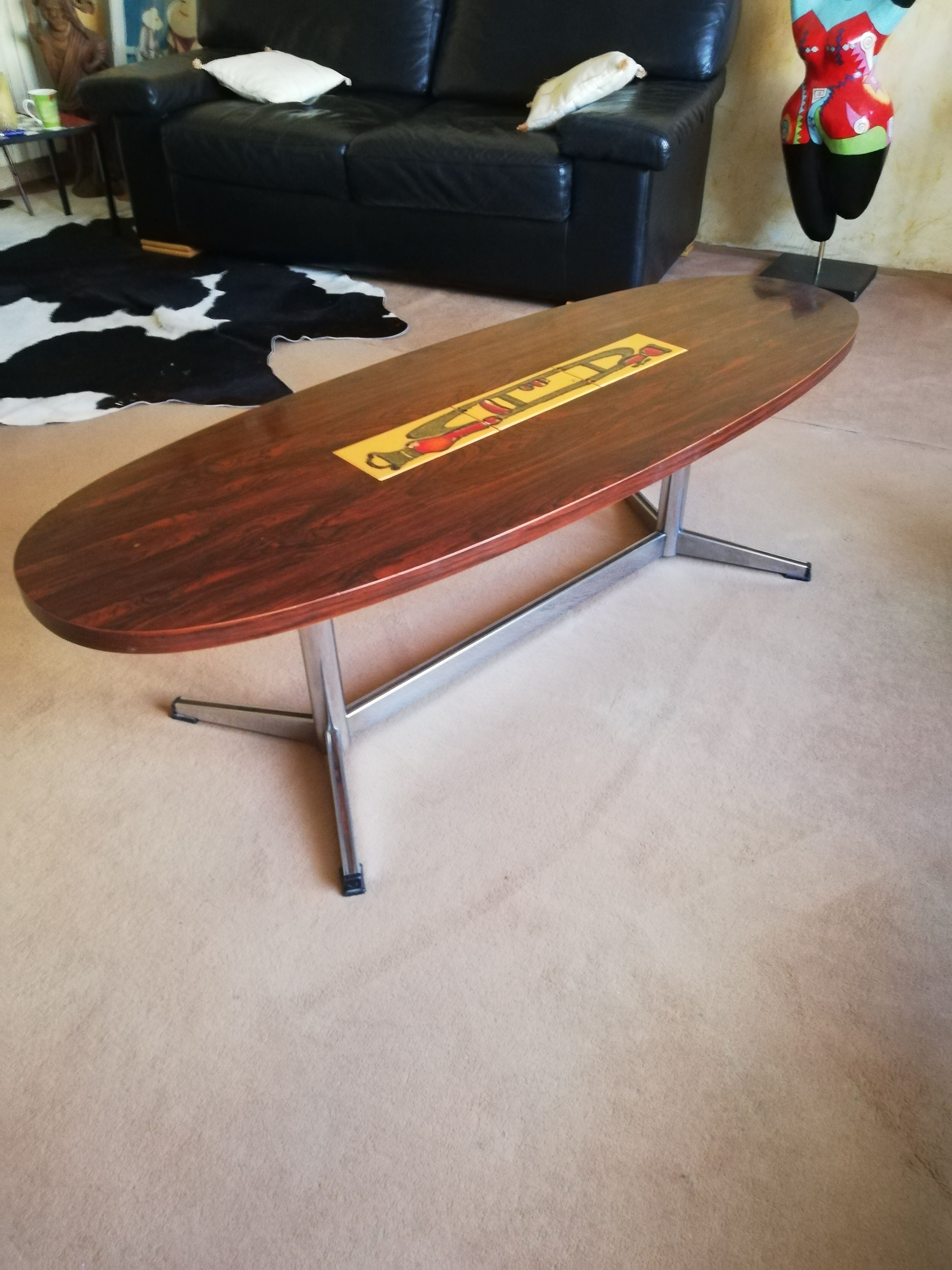 Table basse vintage ovale palissandre et céramique