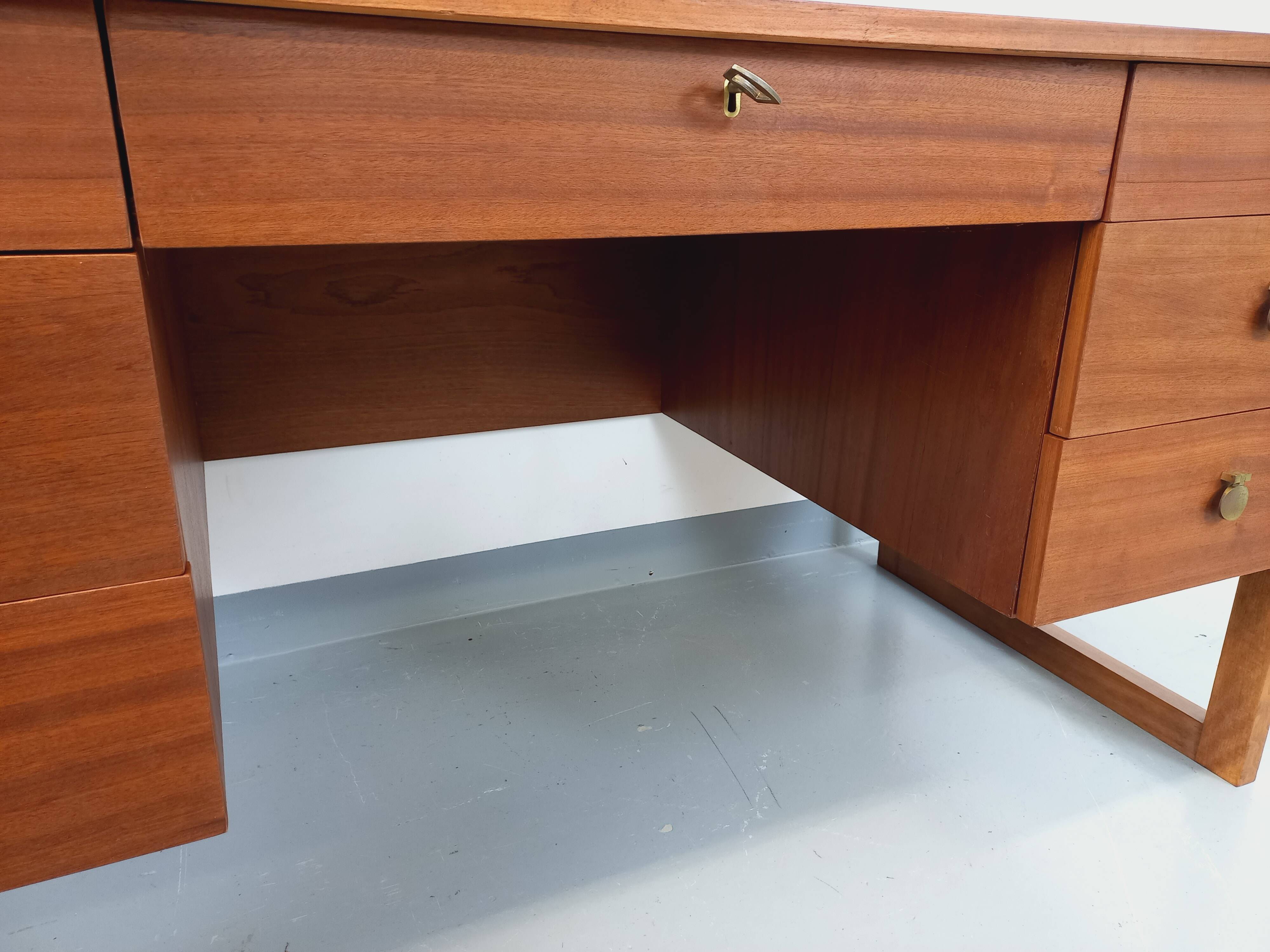 Double-sided executive desk sled legs vintage Scandinavian style in teak from the 60s