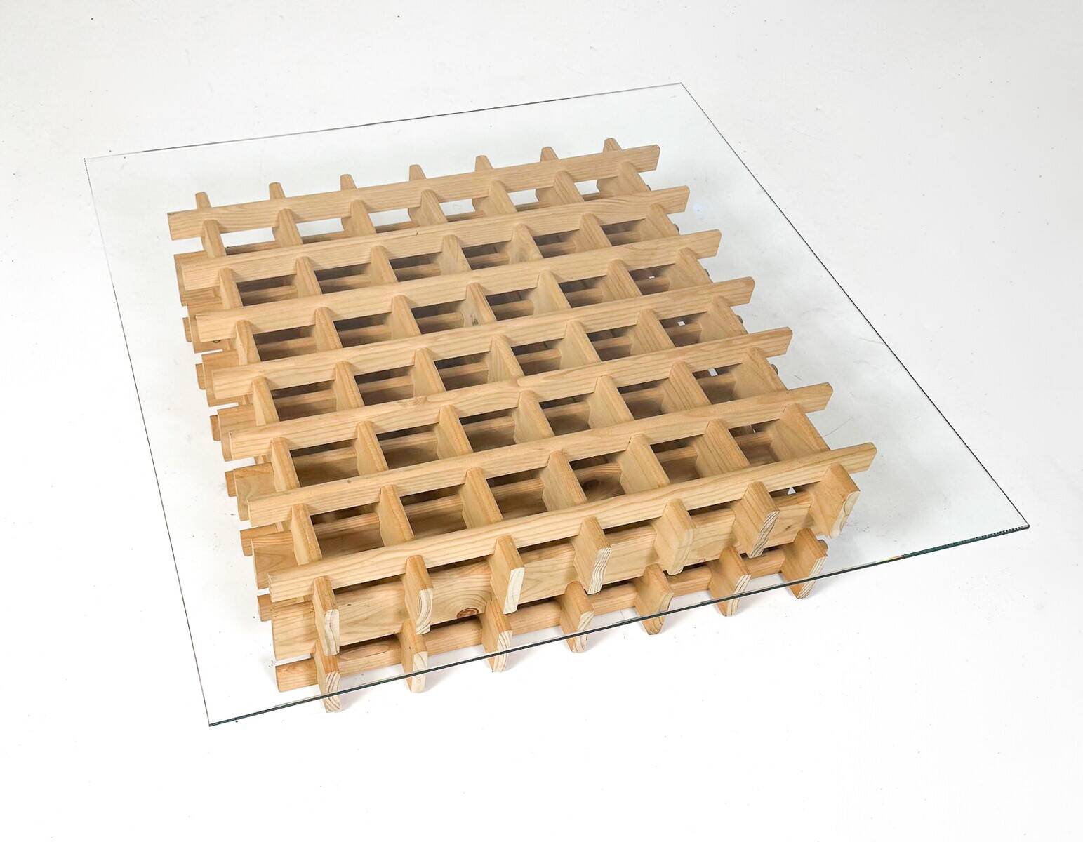 Mid-Century Modern Italian Coffee Table, Wooden Grid and Glass, 1960s