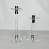 Pair of vintage plexiglass and chrome metal candlesticks