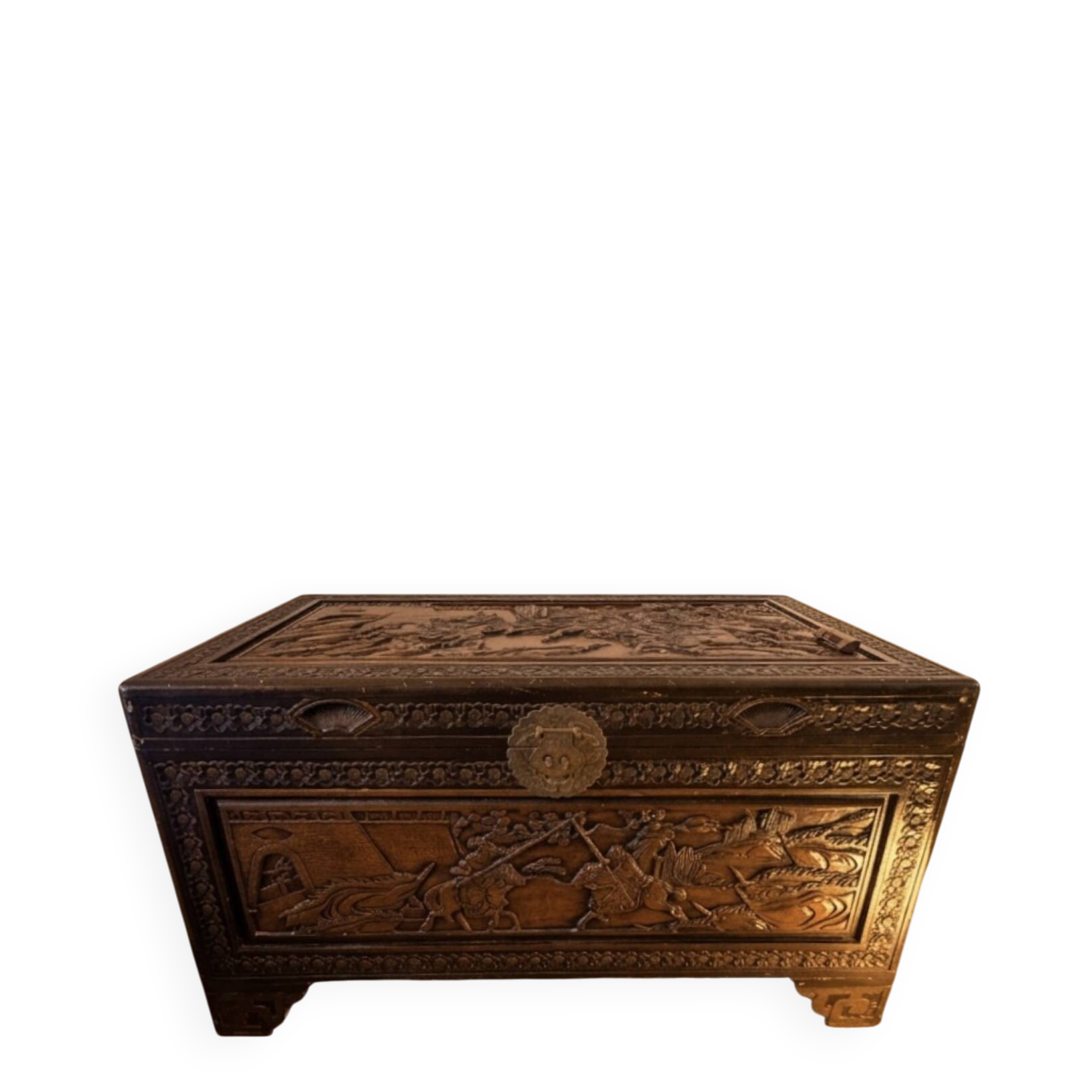 Chinese camphor wood chest, hand-carved, with rider decoration.