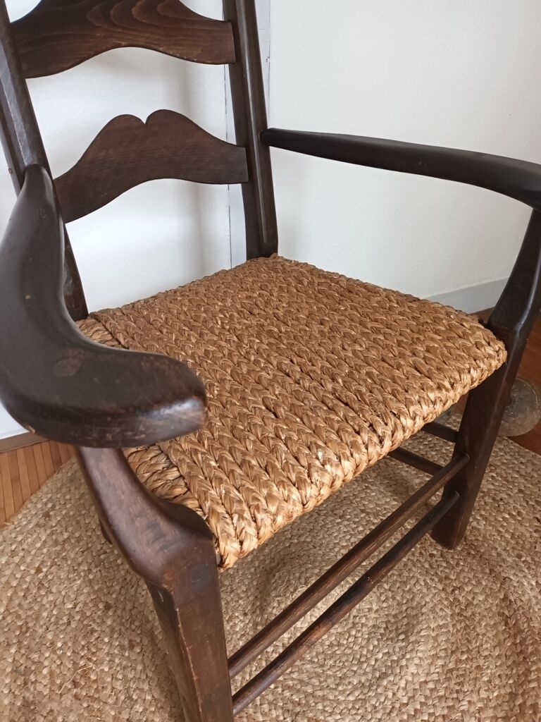 Brutalist armchair in woven straw