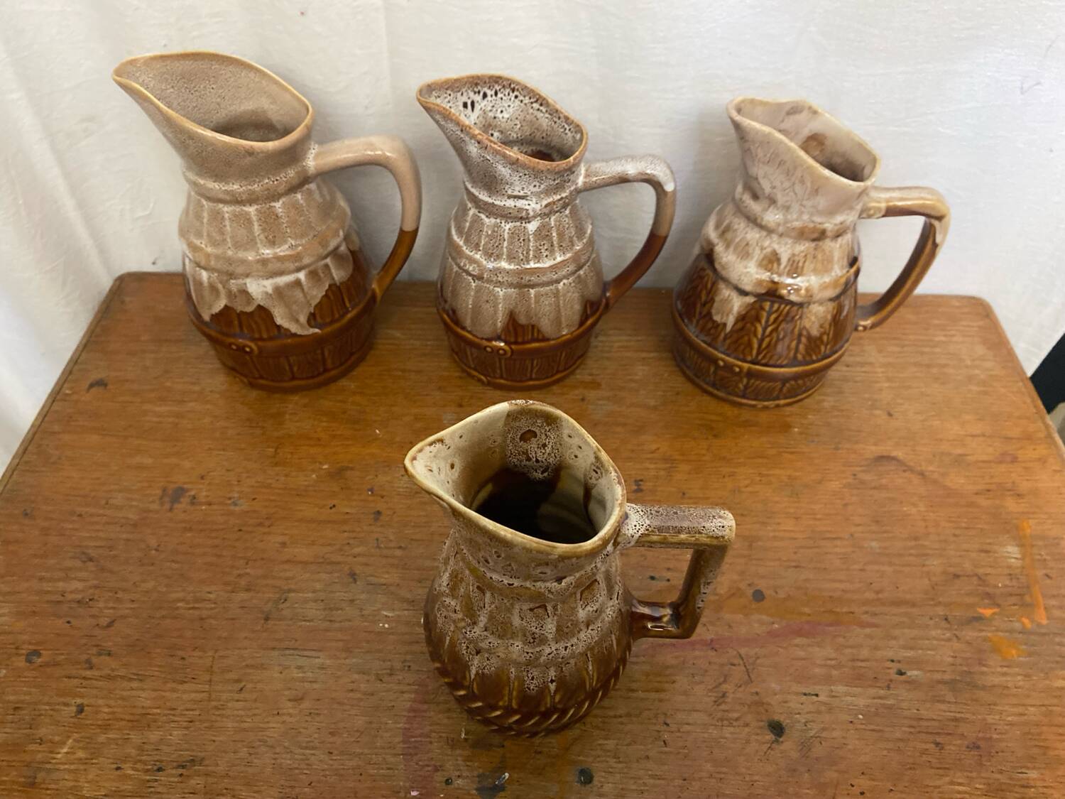 Set of 3 Barrel-Shaped Pitchers in the RÉVOL Style, Vintage Flamed Ceramic