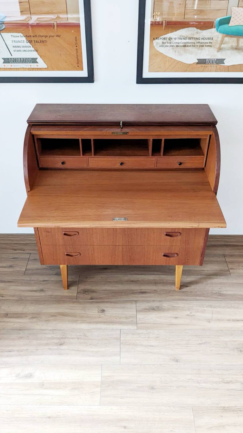 Bureau secrétaire à cylindre teck midcentury