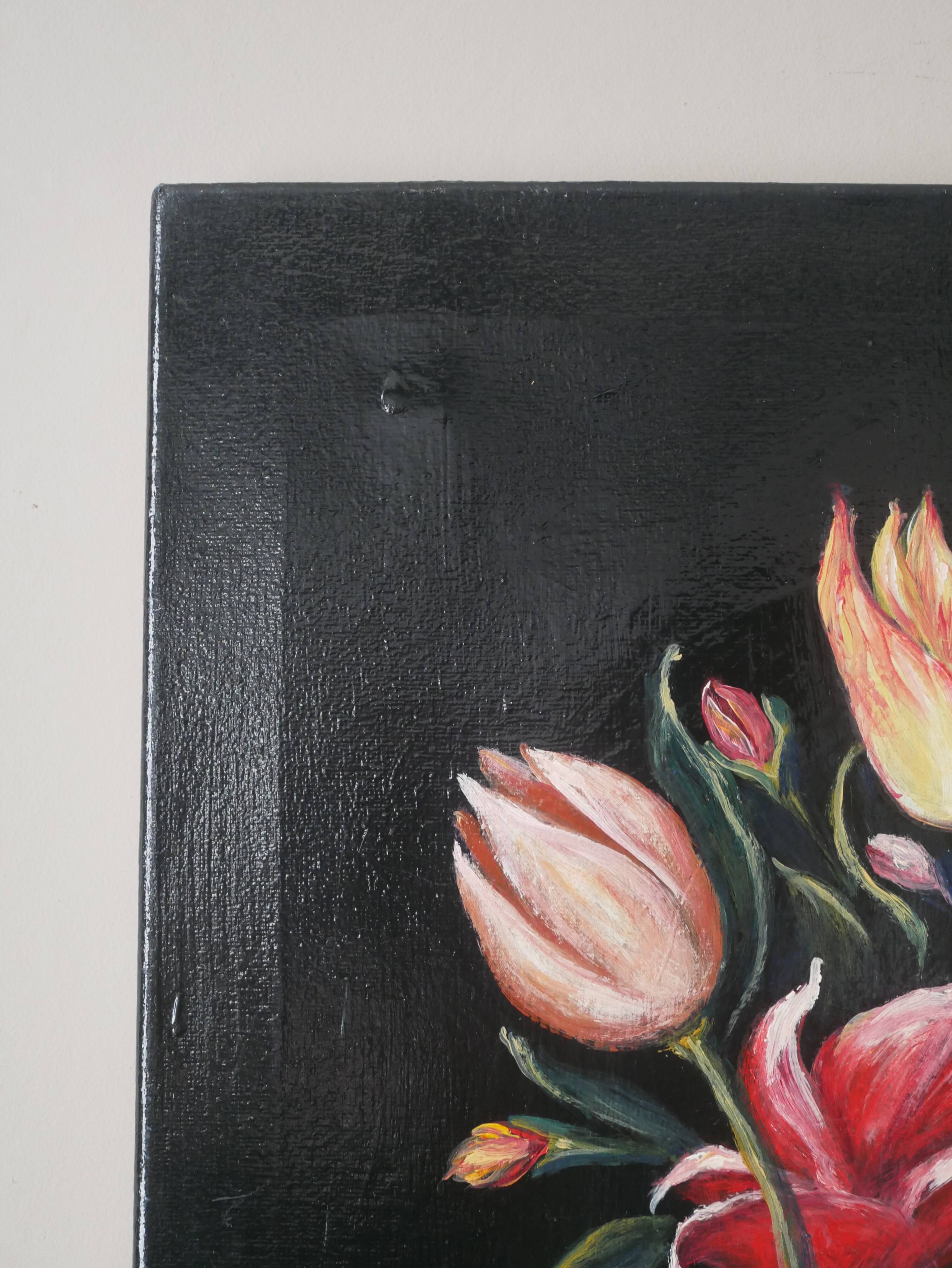 Painting on canvas still life decoration countryside bouquet flowers vintage frame black background