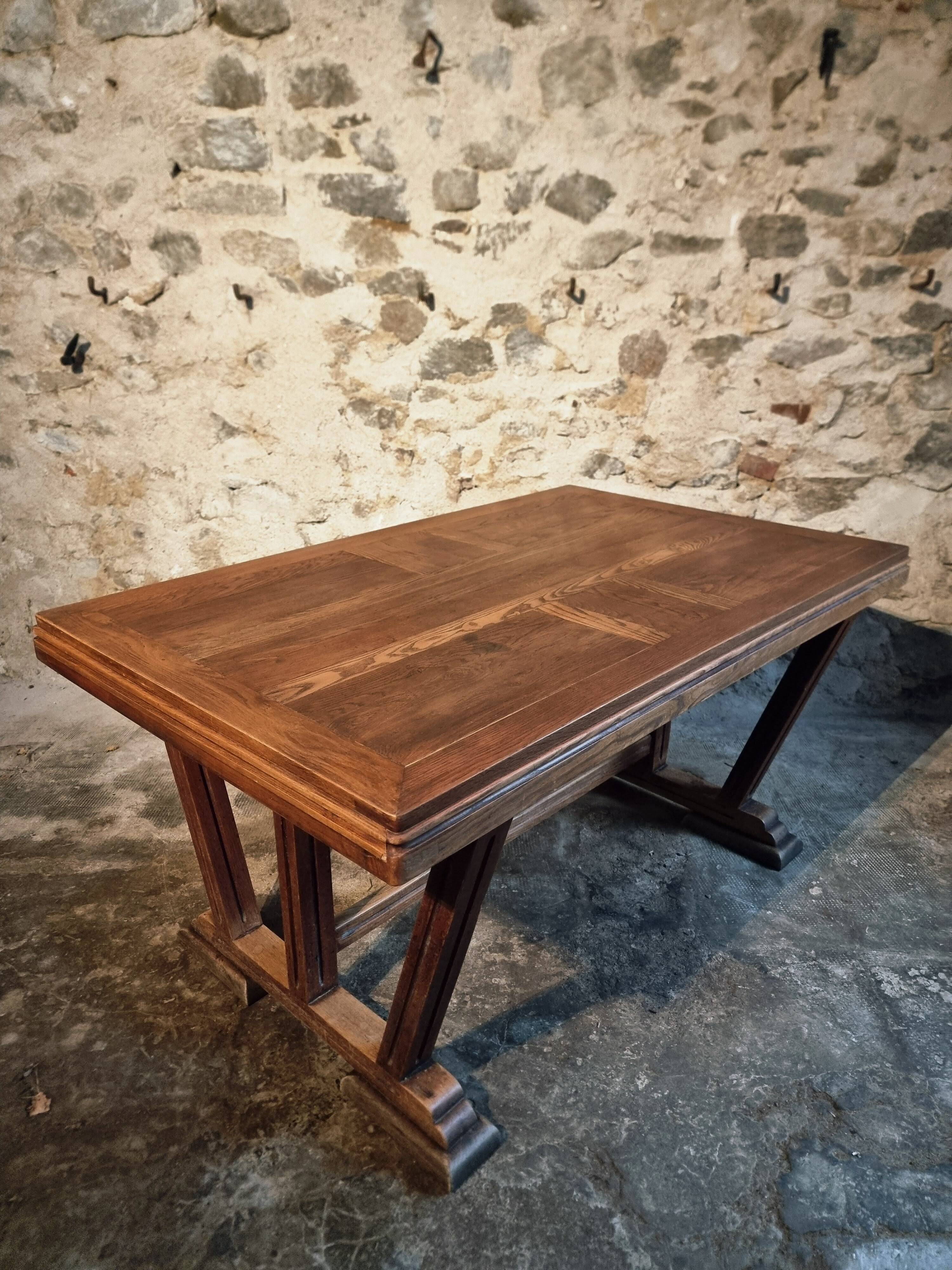 French vintage table in solid oak, Arts & Crafts style, 1930s–1940s.