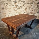 French vintage table in solid oak, Arts & Crafts style, 1930s–1940s.