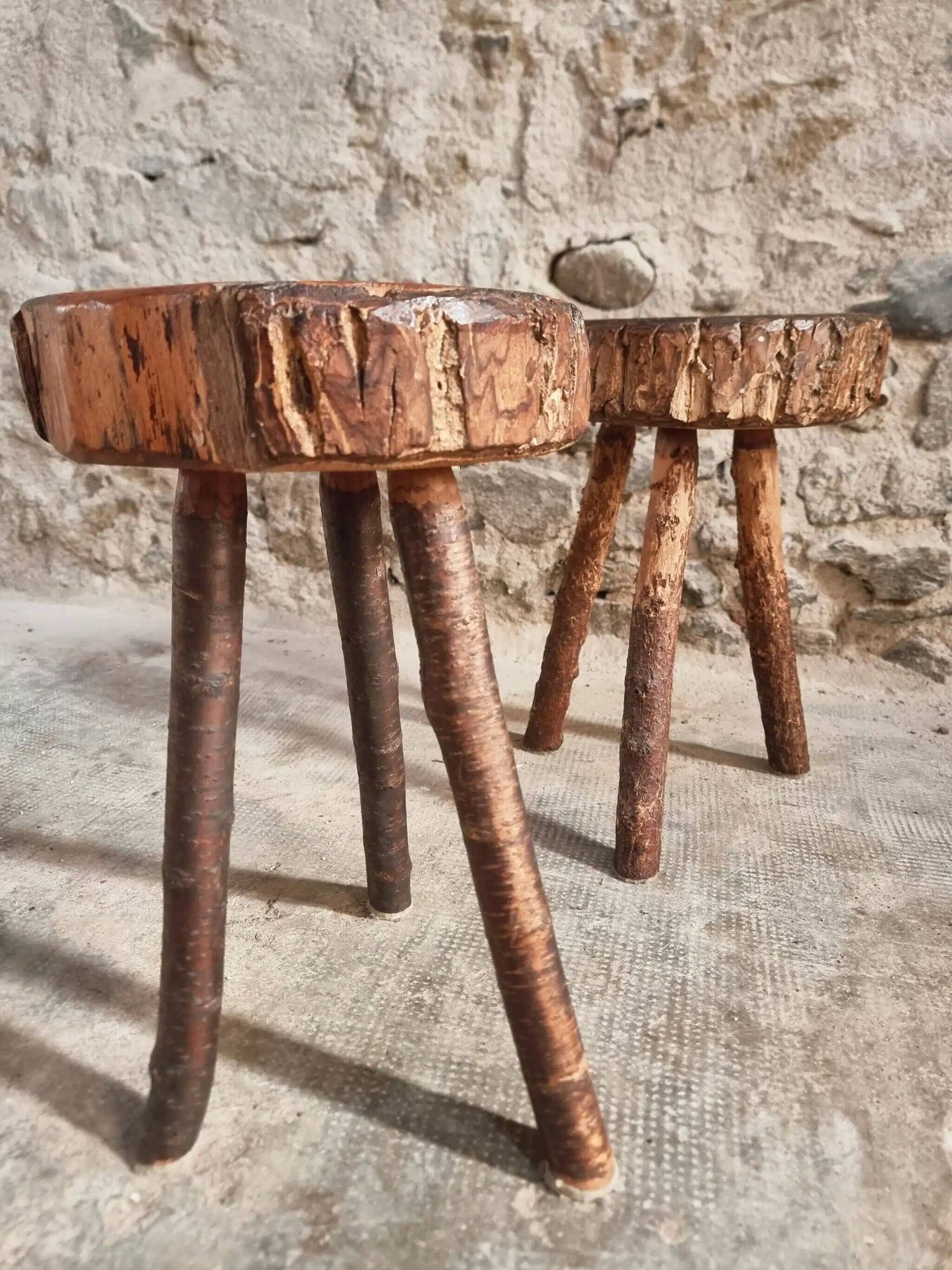 Vintage wooden tripod stools, set of 2, France 1960s