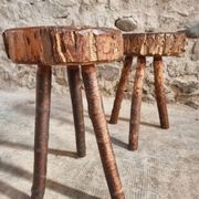 Vintage wooden tripod stools, set of 2, France 1960s