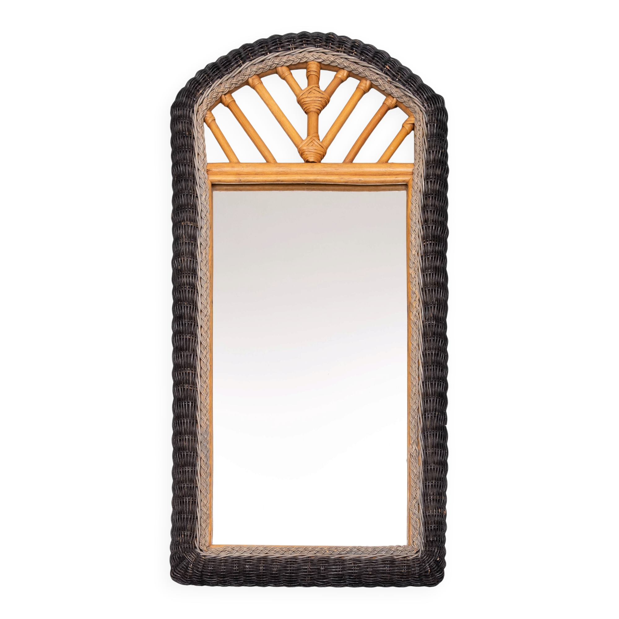 Boho Chic Wall Mirror in Rattan and Wicker Italian 1970s