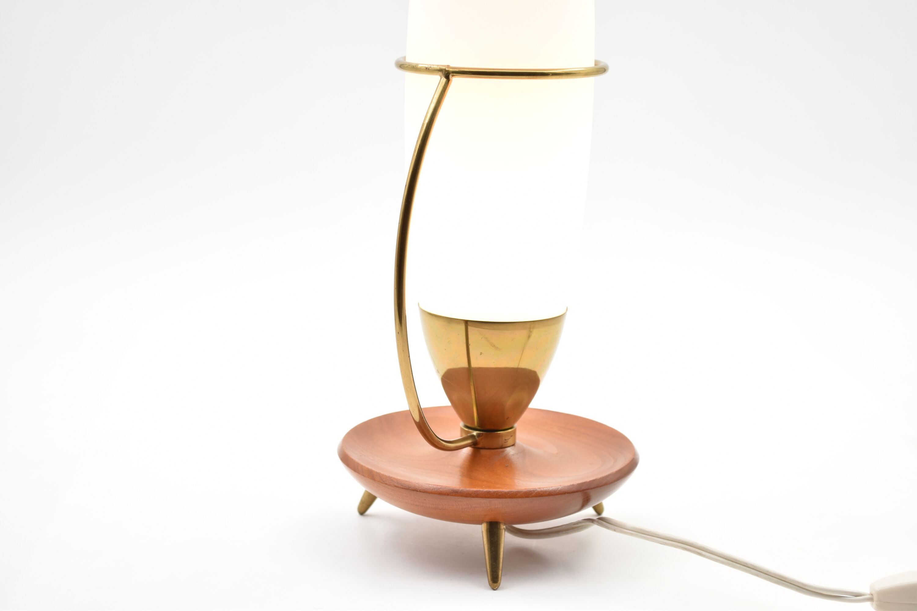 Lamp tripod vintage teak brass opaline