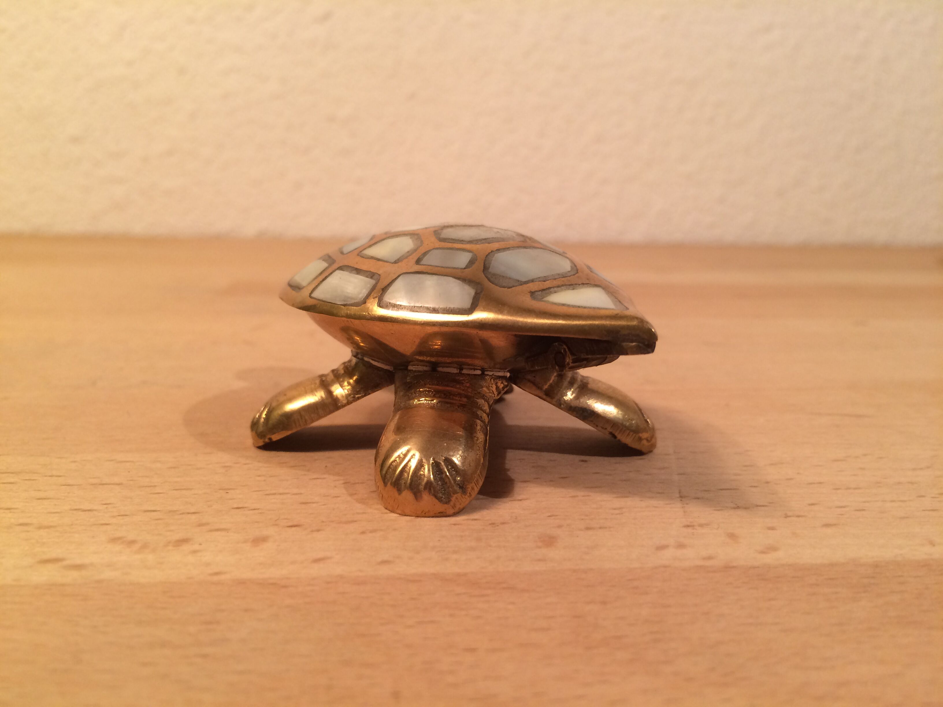 Brass and mother-of-pearl turtle jewelry box