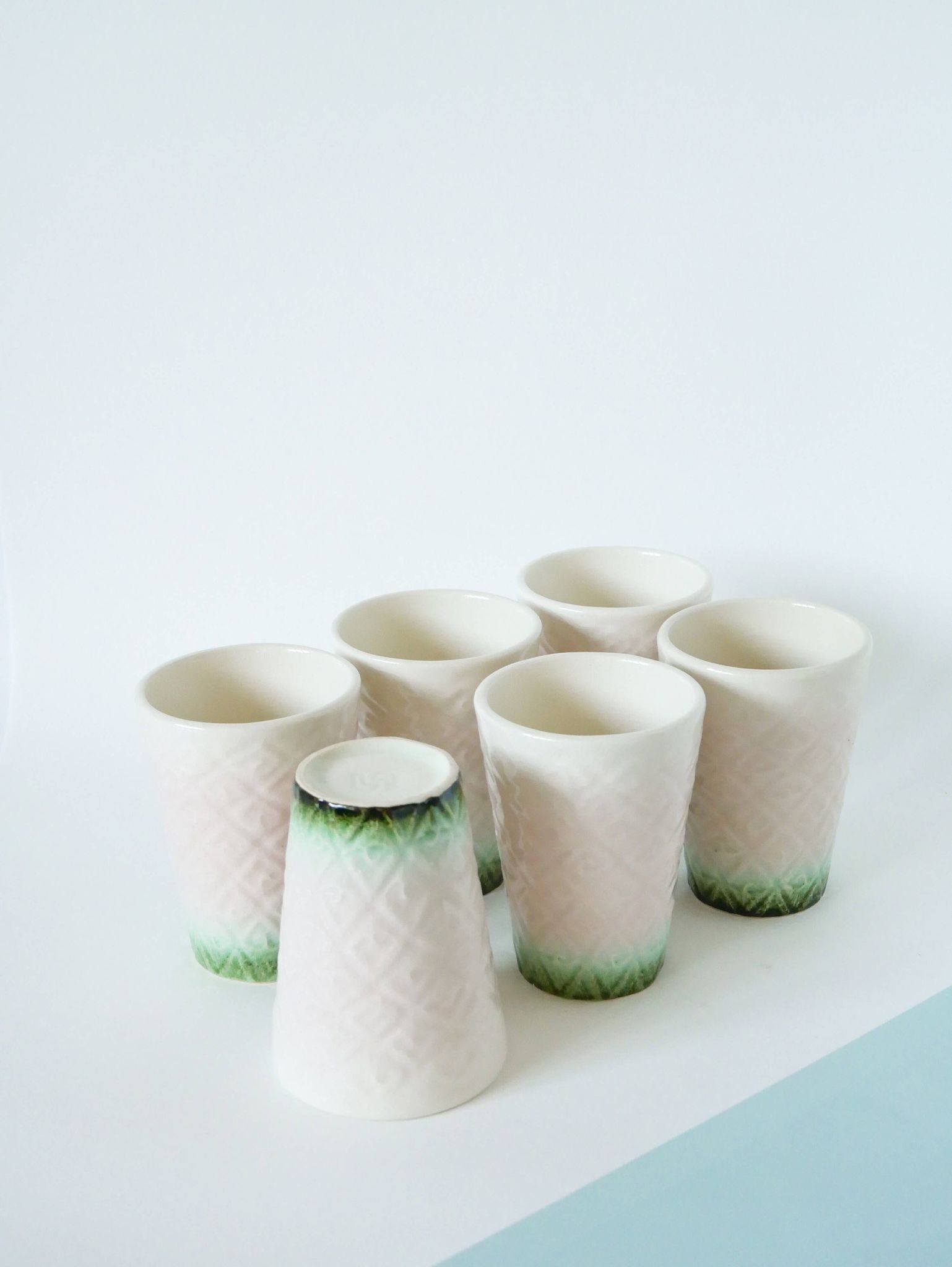 Set of 6 pink and green slip glasses Digoin Sarreguemines, 1970