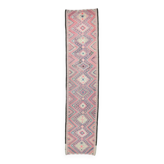 Tapis de course Kilim Vintage oriental rose en laine douce 3x12