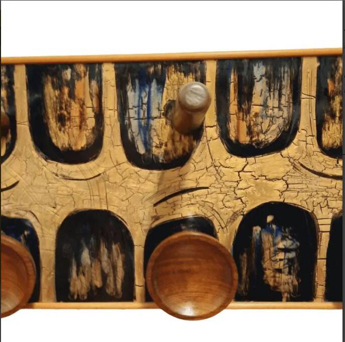 Vintage coat rack in wood and enameled copper