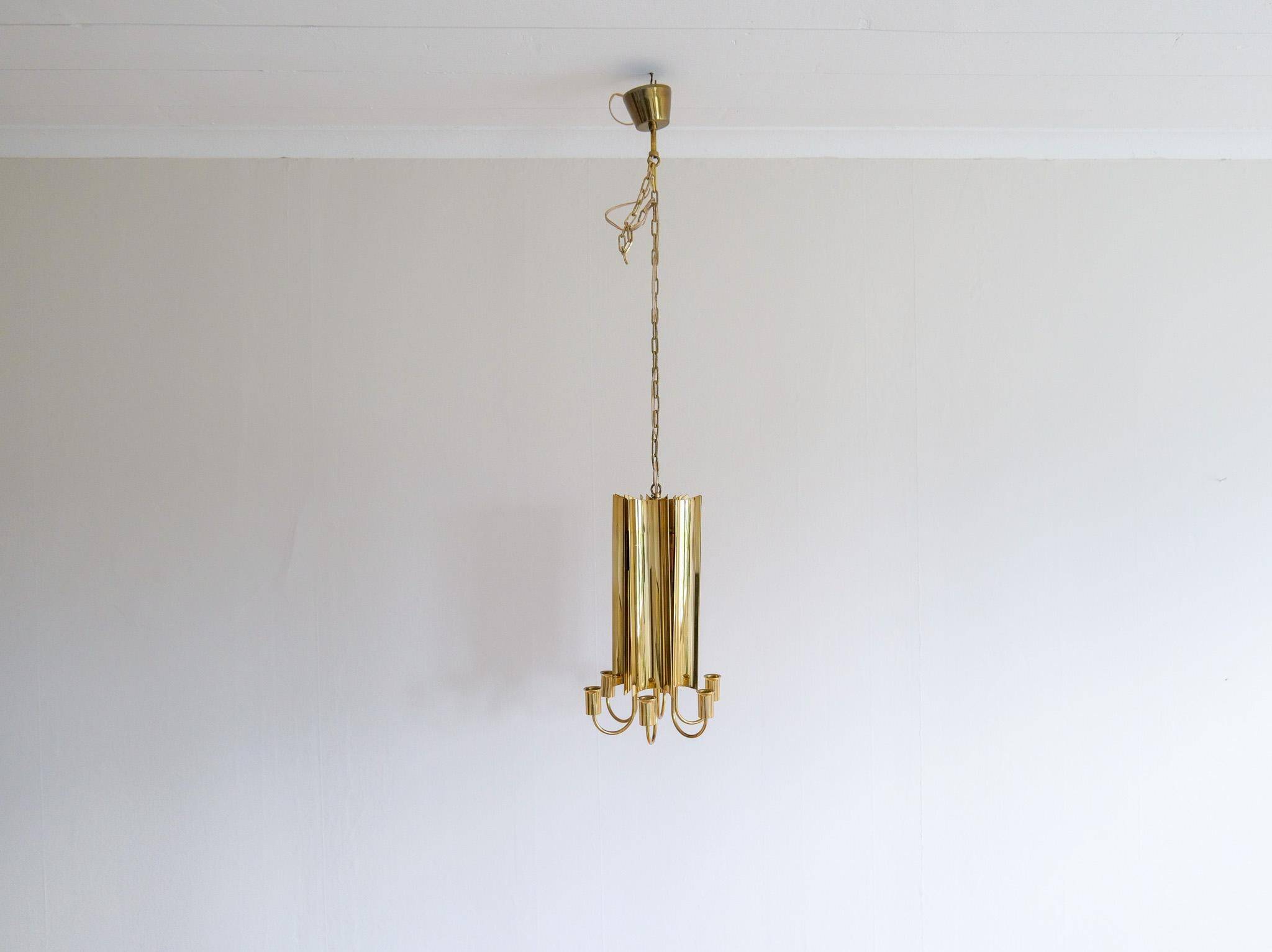 Modern mid-century brass chandelier Reflex Pierre Forssell Skultuna, Sweden