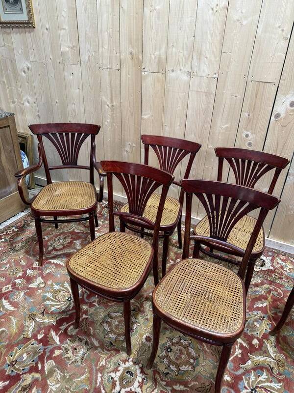 Suite de 4 chaises et deux fauteuils cannés thonet à "palmettes"