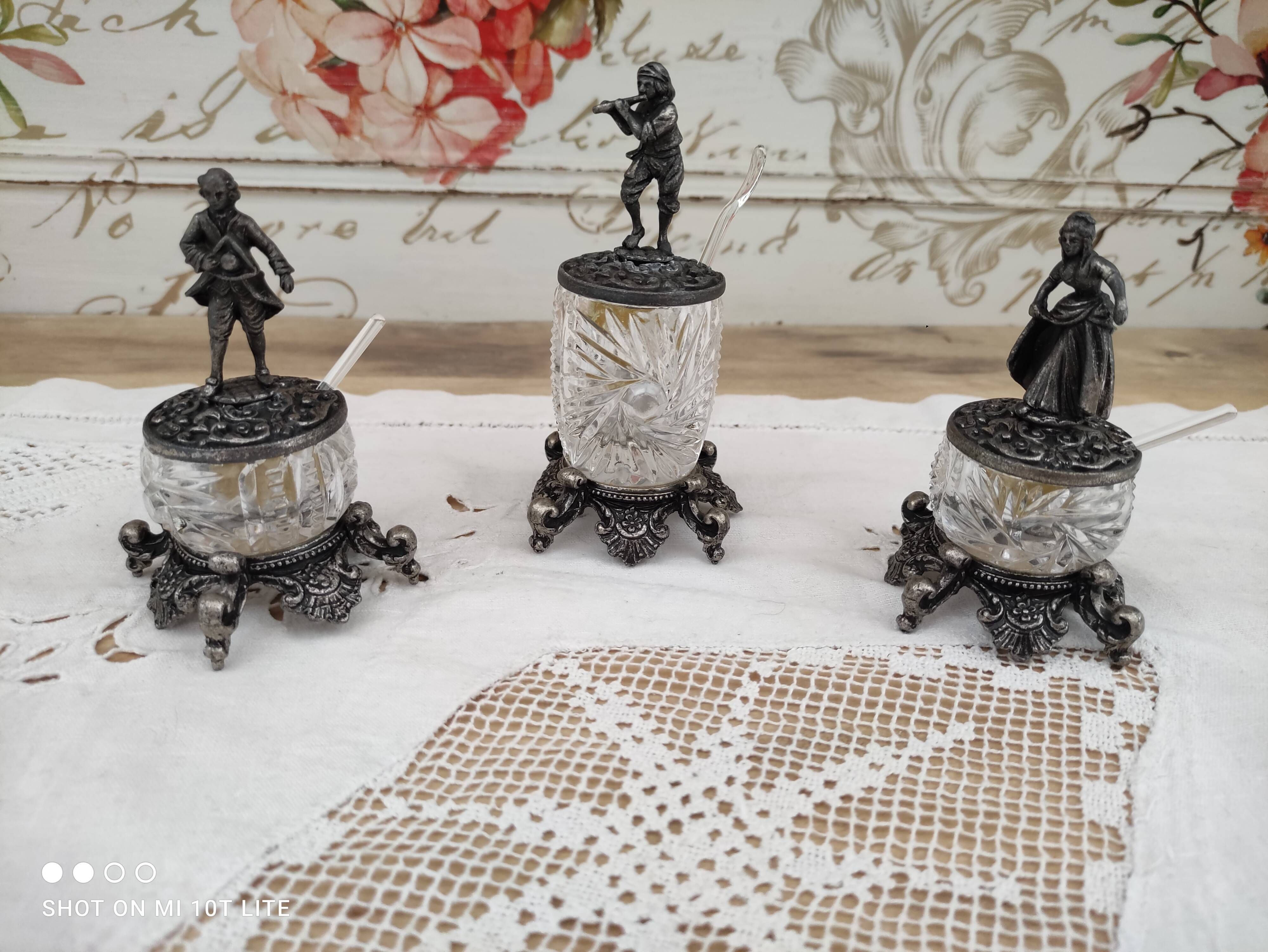 Trio of salters and mustard makers made of Bavarian crystal and bronze
