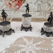 Trio of salters and mustard makers made of Bavarian crystal and bronze