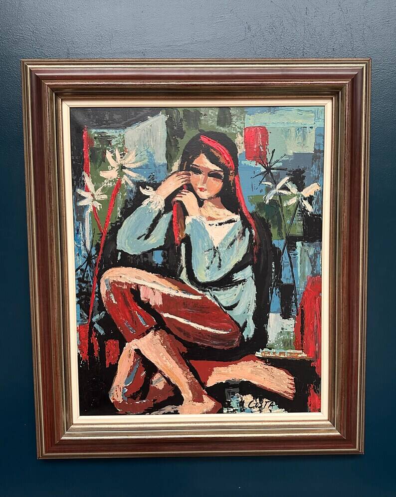 Original Swedish Oil on Canvas - "Portrait of a Young Woman" by M. Costa - Signed - Vintage and Framed - 82.5 × 67.3 cm