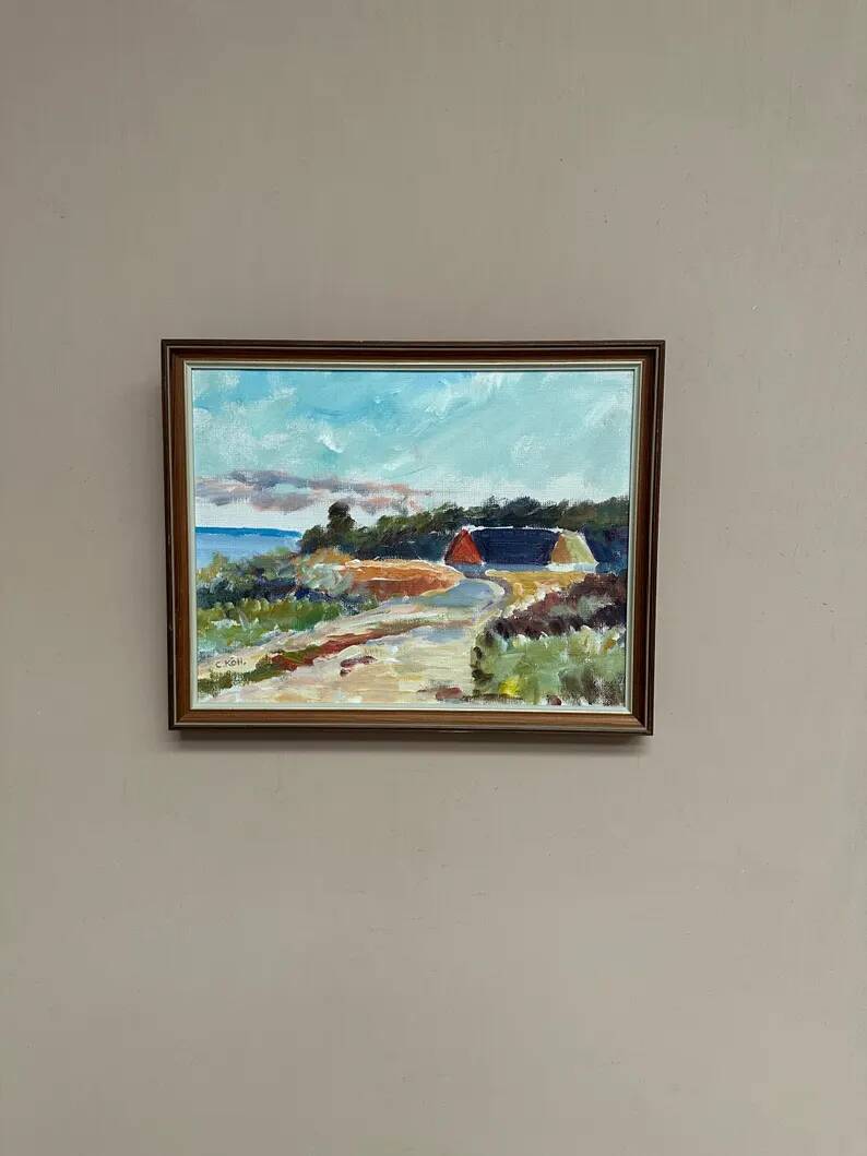 Original Swedish Oil on Canvas - 'Beach House in a Grove' by Carl Köhler - Signed - Vintage and Framed - 38 × 30 cm