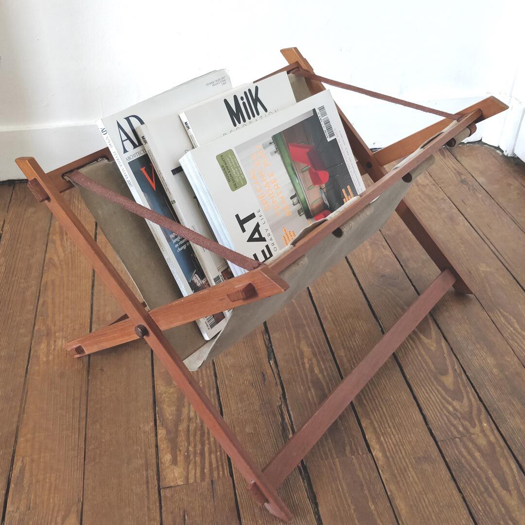 Scandinavian teak and leather magazine holder