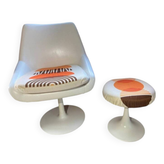 Ensemble 70's fauteuil et tabouret pied tulipe