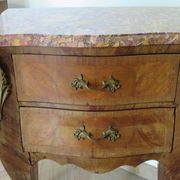 Paire de 2 chevets-louis xv-marqueterie-2 tiroirs-marbre rose