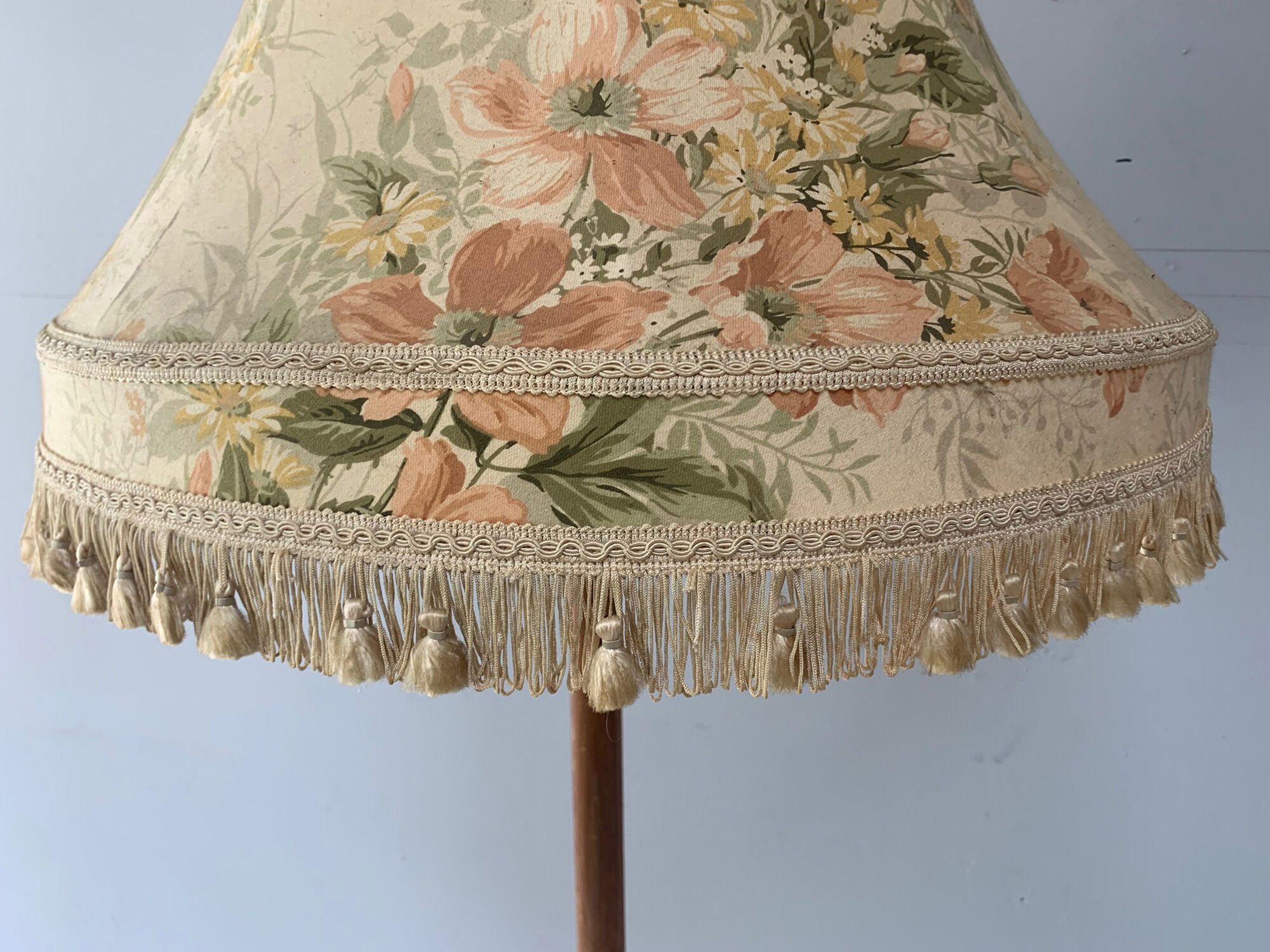 Vintage retro teak floor standard lamp / large fringed floral shade