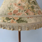Vintage retro teak floor standard lamp / large fringed floral shade