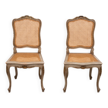 Pair of Gold and Green Painted Louis XV Style Cane Side Chairs