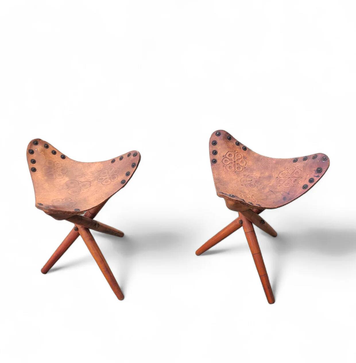2 x matching vintage tooled leather tripod chair / camp chair