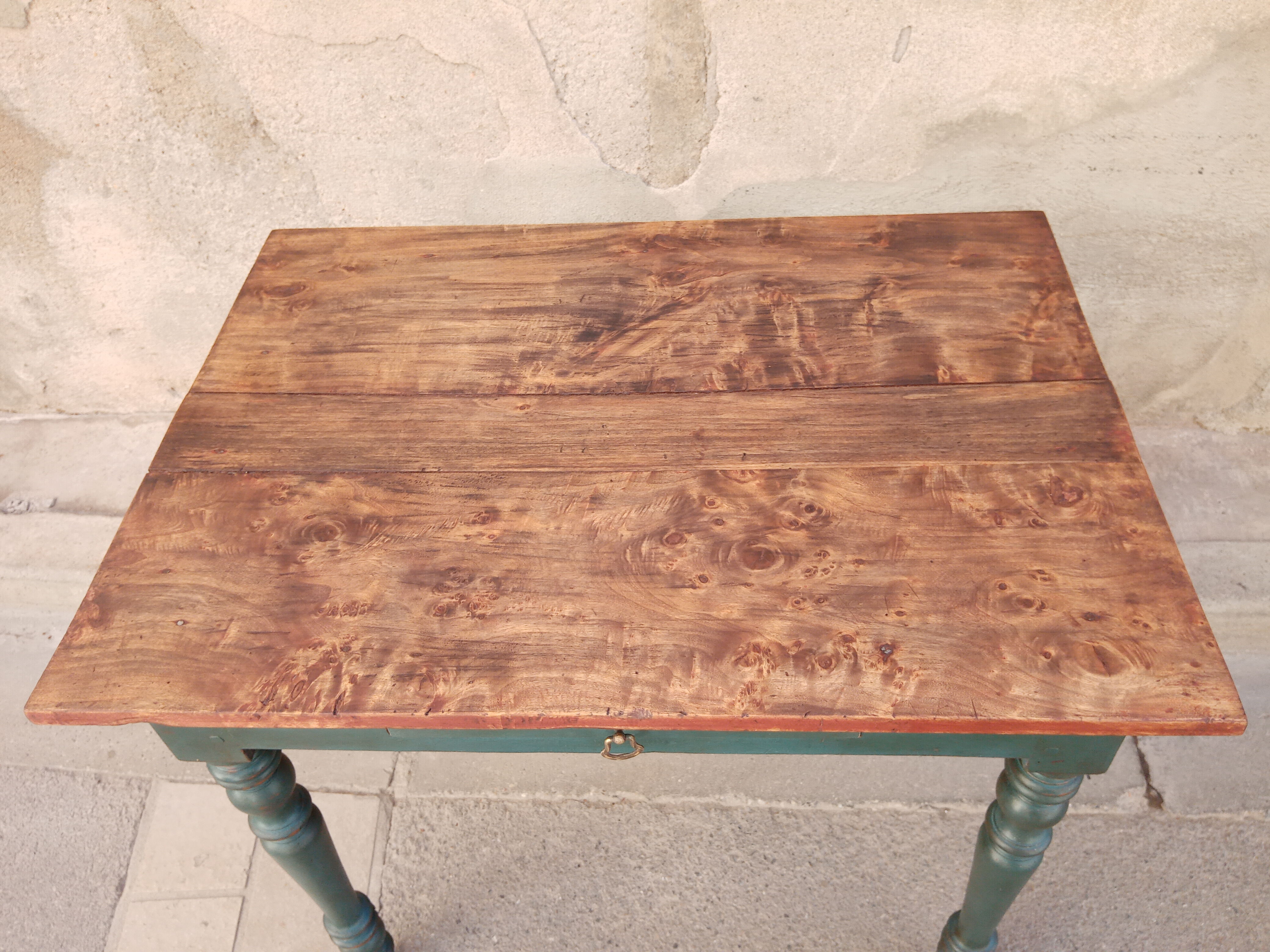 Old side table, desk, 1 drawer, blue patina aubusson