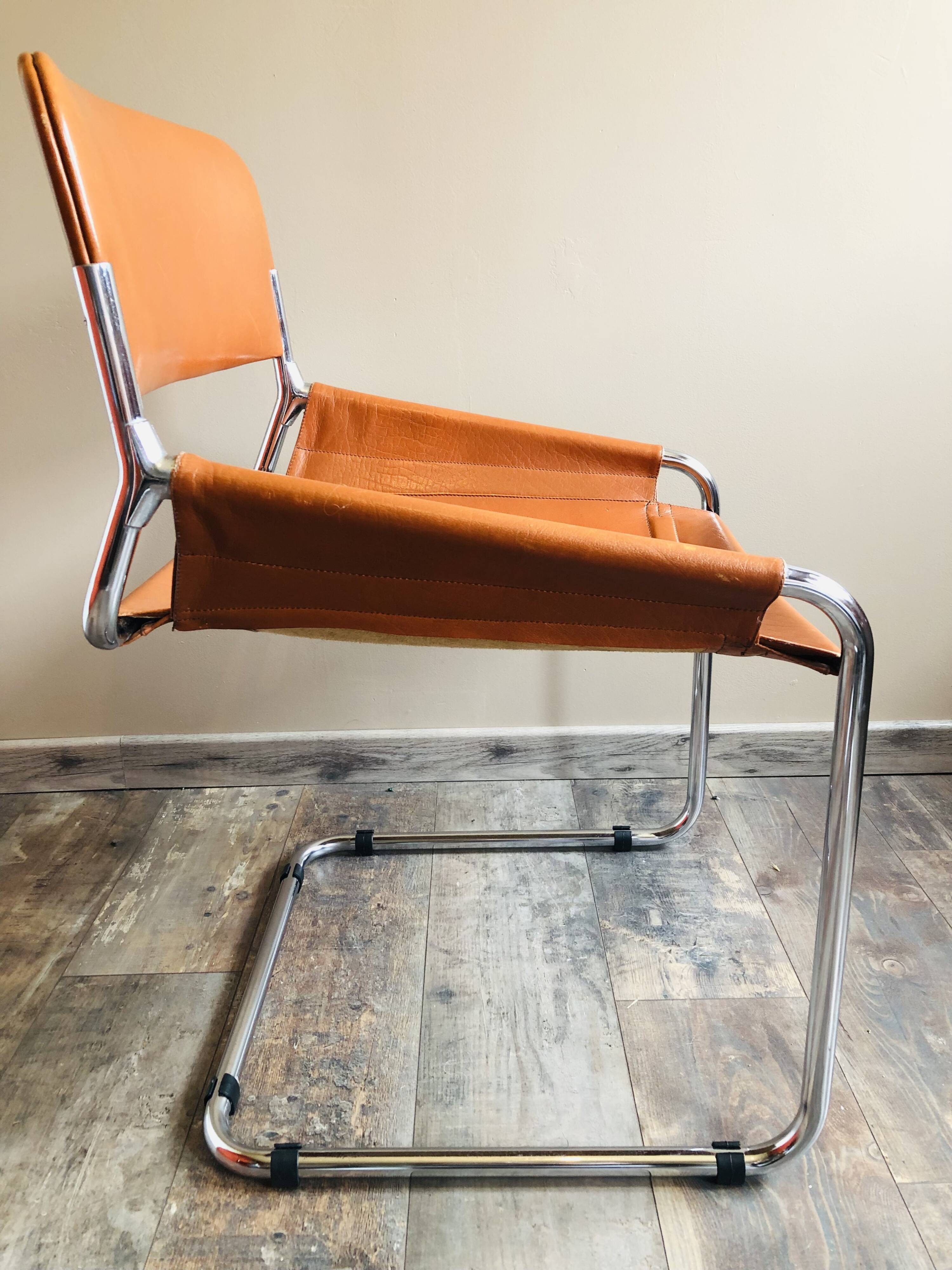 4 vintage 70s Italian chairs in cognac leather and stainless steel