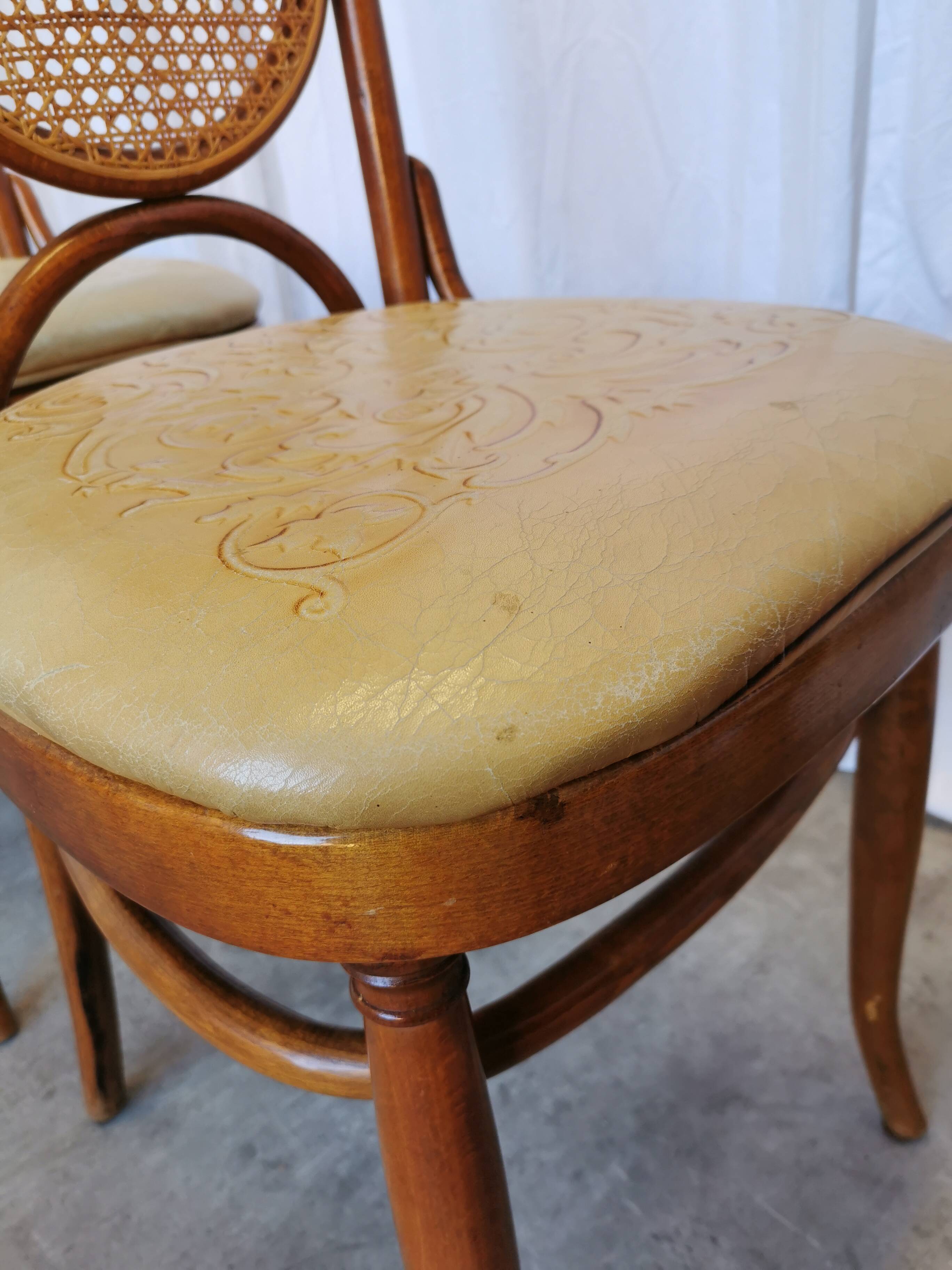 Set of 4 Vintage Bentwood Dining Chairs: Cane Back, Leather Seat, Thonet St