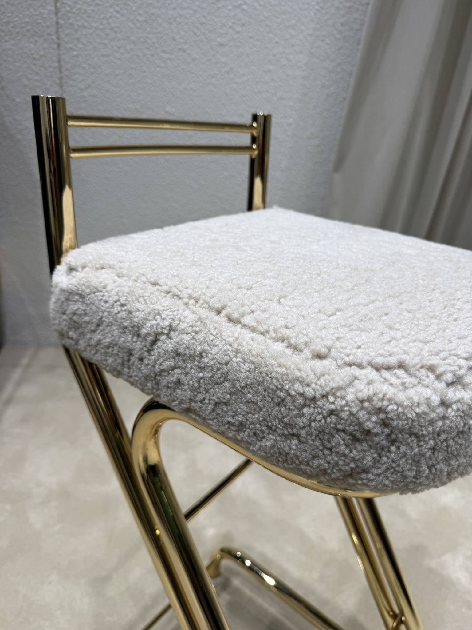 Mid-Century Modern Z Frame Bar Stools in Gold and Natural Shearling - Pair