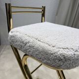 Mid-Century Modern Z Frame Bar Stools in Gold and Natural Shearling - Pair